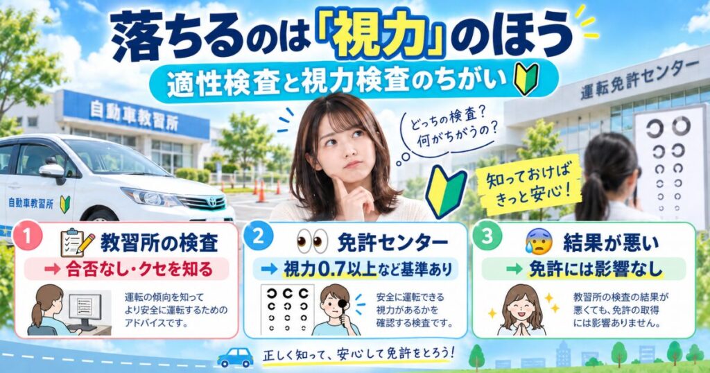 「落ちるのは「視力」のほう」の文字と、教習所と免許センターの建物、2つの検査のちがいを3つに分けて説明したイラスト