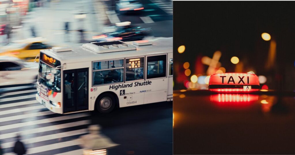 街を走るバスと、夜のタクシーの行灯を並べた写真