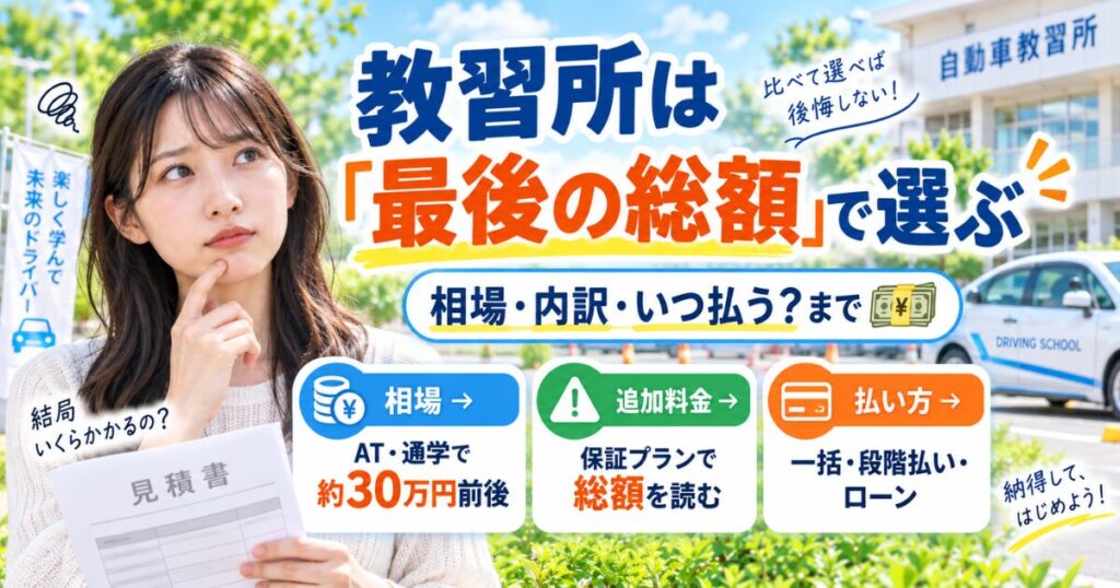 「教習所は『最後の総額』で選ぶ」の文字と、見積書を持って考える女性、相場・追加料金・払い方の説明が入ったイラスト