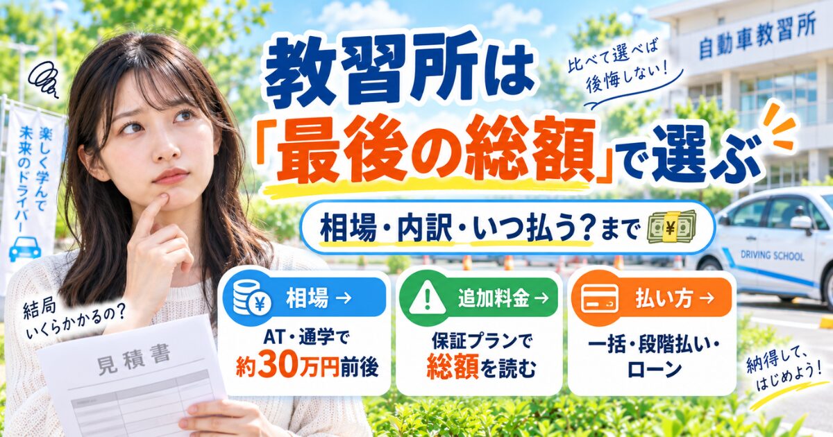 「教習所は『最後の総額』で選ぶ」の文字と、見積書を持って考える女性、相場・追加料金・払い方の説明が入ったイラスト
