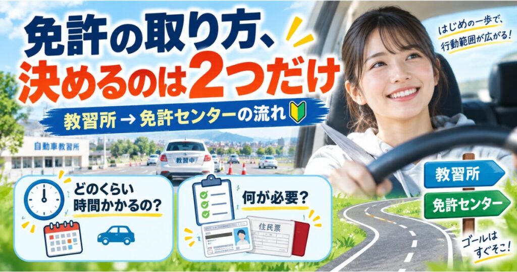 「免許の取り方、決めるのは2つだけ」の文字と、教習所から免許センターへの道しるべ、笑顔で車を運転する女性のイラスト