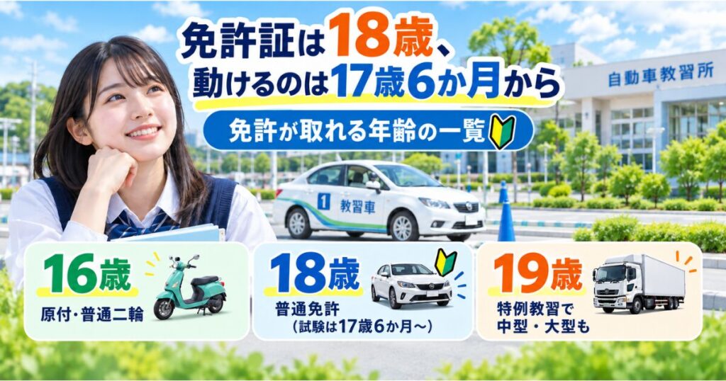 「免許証は18歳、動けるのは17歳6か月から」の文字と、制服姿の学生と教習車、16歳・18歳・19歳で取れる免許を並べたイラスト
