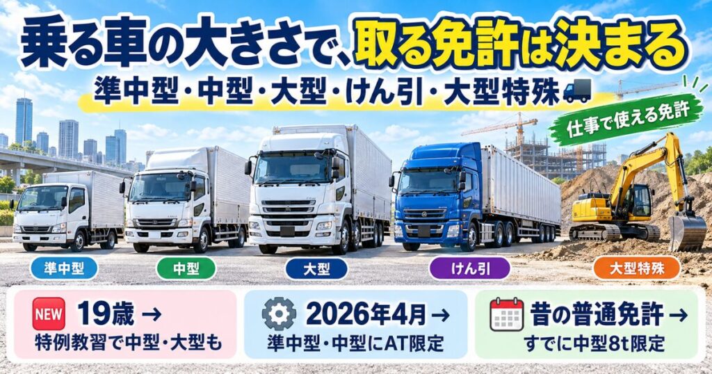 「乗る車の大きさで、取る免許は決まる」の文字と、準中型・中型・大型・けん引・大型特殊の車を大きさ順に並べたイラスト
