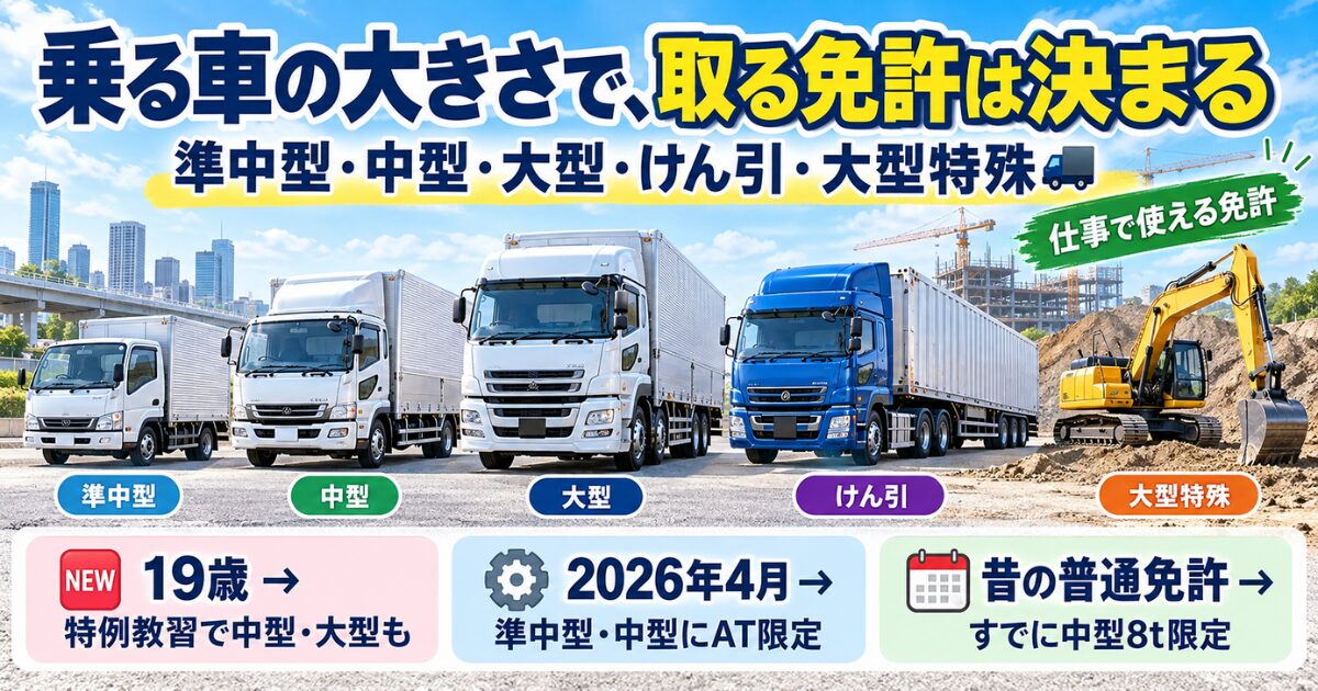 「乗る車の大きさで、取る免許は決まる」の文字と、準中型・中型・大型・けん引・大型特殊の車を大きさ順に並べたイラスト