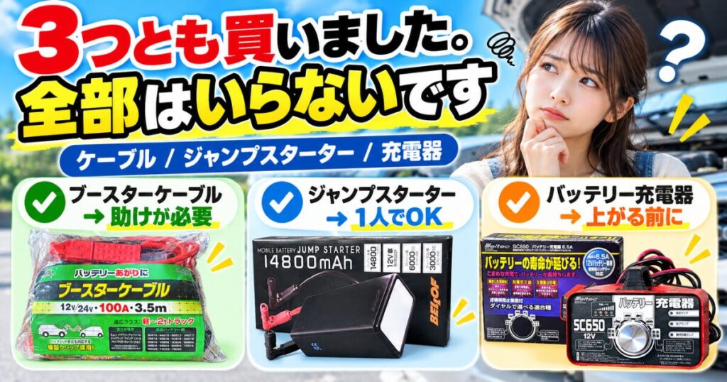ブースターケーブル・ジャンプスターター・バッテリー充電器の違いを比べるアイキャッチ