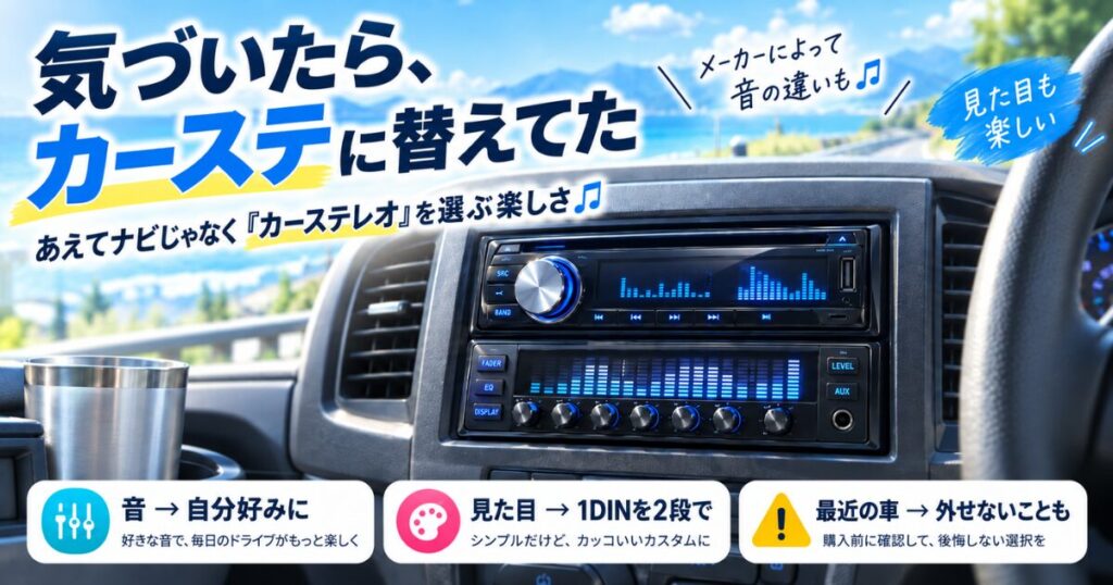 ナビではなくカーステレオを選ぶ楽しさを紹介する記事のアイキャッチ。ダッシュボードに1DINのカーステとイコライザーを2段で取り付けたイメージ