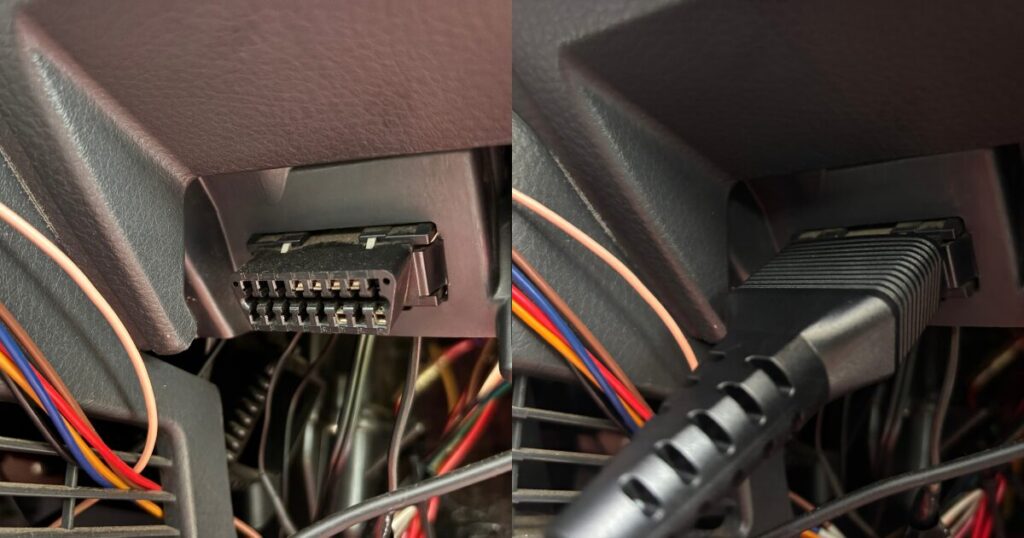 車のOBD2コネクターに診断機を接続したところ