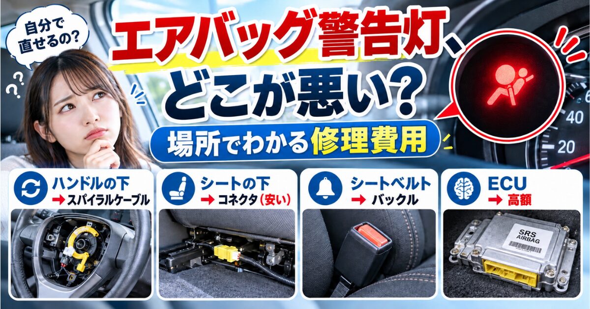 エアバッグ警告灯の原因になりやすい4か所と修理費用を解説するアイキャッチ