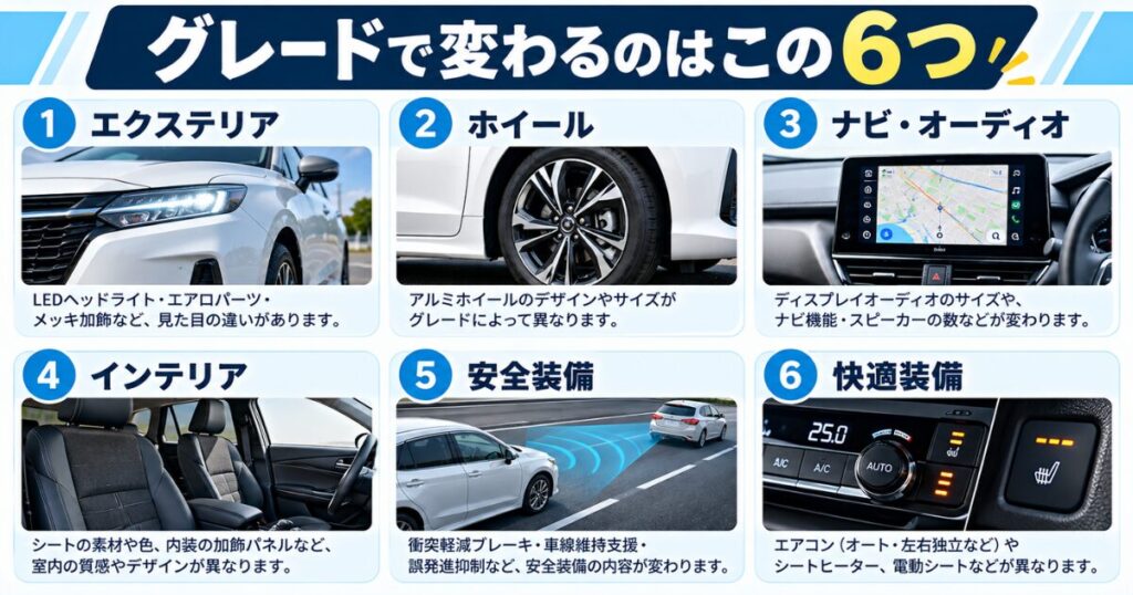 グレードで変わる6つの装備(エクステリア・ホイール・ナビ・インテリア・安全装備・快適装備)
