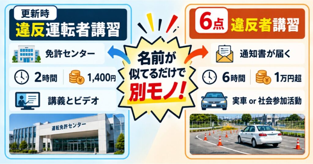 更新時の違反運転者講習と6点の違反者講習の違い（時間・費用・内容の比較）