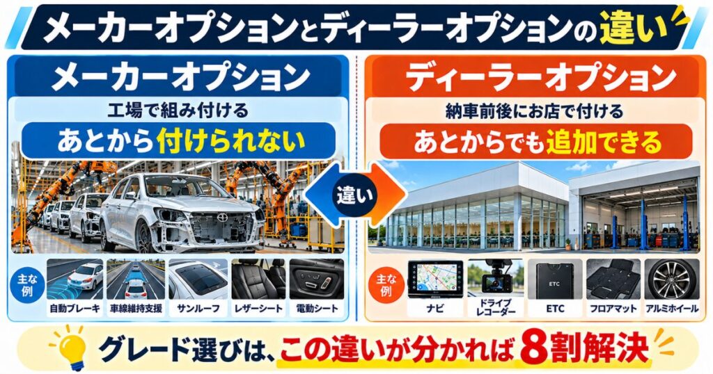メーカーオプションは工場で組み付けるため後付けできず、ディーラーオプションは納車前後に追加できる
