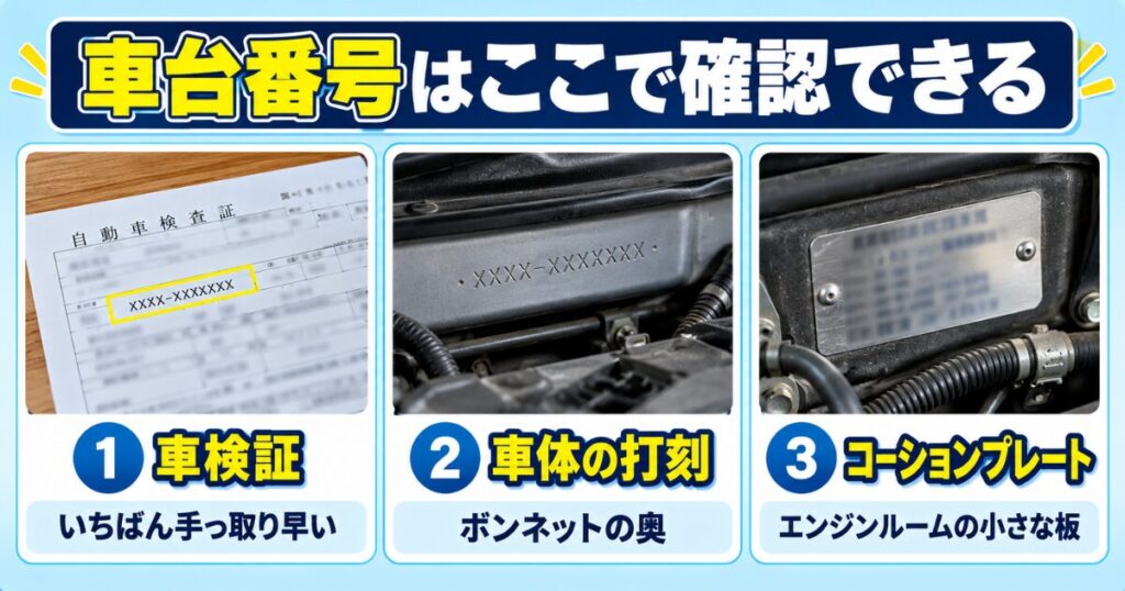 車台番号を確認できる3か所(車検証・車体の打刻・コーションプレート)